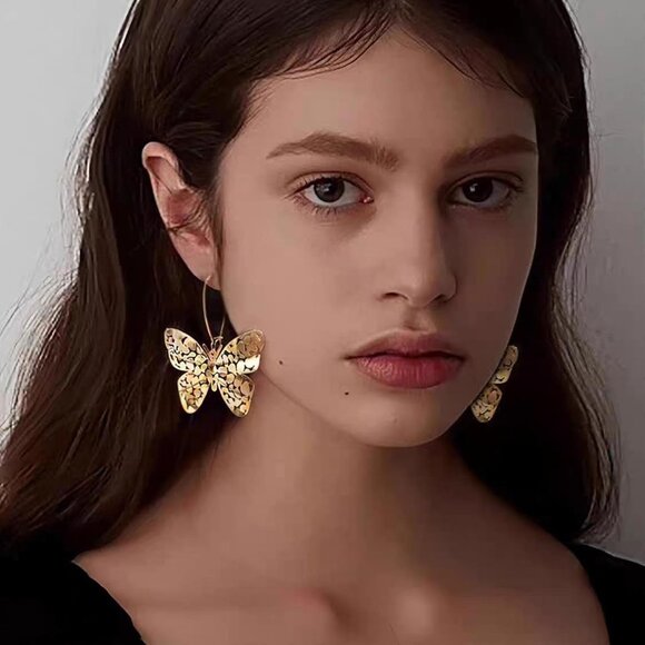 Big Gold Hollow Out Boho Geometric Hook Statement Gold Butterfly Dangle Earrings - Picture 5 of 8